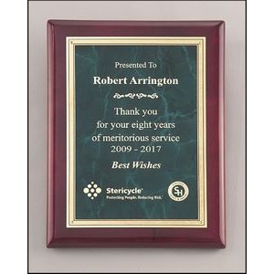 Emerald marble plate with gold florentine border on rosewood piano-finish plaque