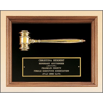 American walnut frame with a gold electroplated metal gavel on choice of velour backgrounds