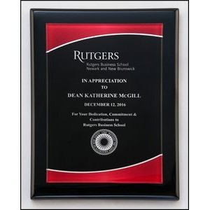 Acrylic plate with red border on black piano-finish plaque