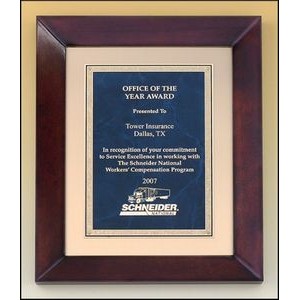 Cherry finish frame plaque, sapphire marble and gold florentine plate, brushed metal gold background