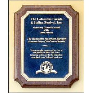Walnut stained piano-finish plaques with sapphire marble center, florentine border engraving plates