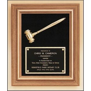 American walnut frame with a gold electroplated metal gavel on choice of velour backgrounds