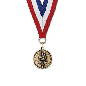 1 1/8" Torch Cast CX Medal w/ Red/White/Blue or Year Grosgrain Neck Ribbon