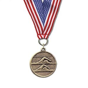 1 1/8" Double Swimmers Cast CX Medal w/ Grosgrain Neck Ribbon
