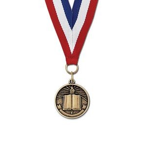 1 1/8" Open Book Cast CX Medal w/ Red/White/Blue or Year Grosgrain Neck Ribbon