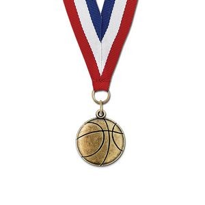 1 1/8" Basketball Cast CX Medal w/ Red/White/Blue or Year Grosgrain Neck Ribbon