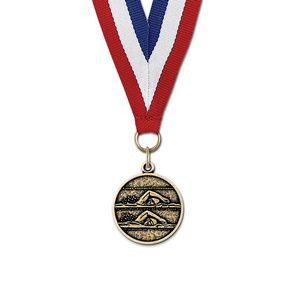 1 1/8" Double Swimmer Cast CX Medal w/ Red/White/Blue or Year Grosgrain Neck Ribbon