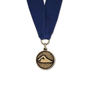 1 1/8" Stylized Swimmer Cast CX Medal w/ Grosgrain Neck Ribbon
