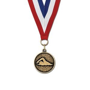 1 1/8" Stylized Swimmer Cast CX Medal w/ Red/White/Blue or Year Grosgrain Neck Ribbon
