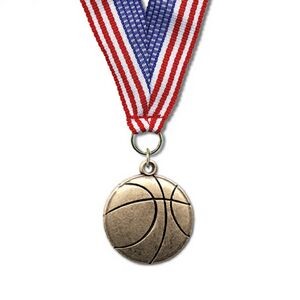 1 1/8" Basketball Cast CX Medal w/ Grosgrain Neck Ribbon
