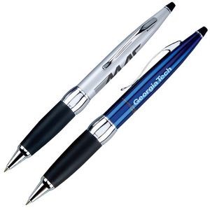 Twist Action Brass Ballpoint Pen w/ Soft Rubber Grip & Chrome Plated Accents
