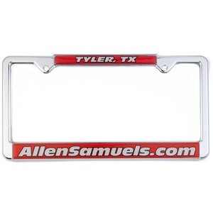 Chrome Plated Metal Signature Dome License Plate Frame w/Metal White Vinyl Material