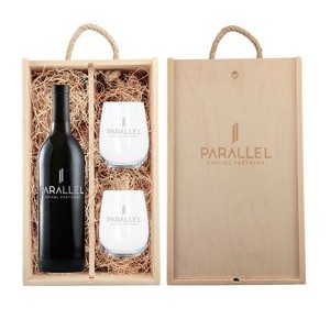 Rustic Laser Engraved Box w/Custom Etched Wine & Glasses