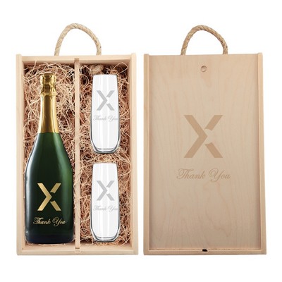 Laser-Engraved Wood Box w/Custom Etched Sparkling Wine w/Color Fill + Flutes