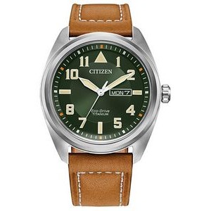 Citizen® Men's Garrison Brown Leather Eco-Drive Watch w/Green Dial
