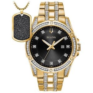 Bulova® Men's Gold Tone Crystal Watch & Black Crystal Dog Tag Box Set