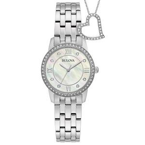 Bulova® Ladies Crystals Silver Tone Watch & Heart Necklace Box Gift Set