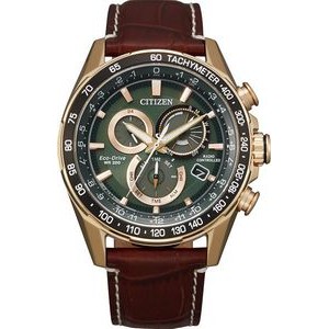 Citizen® Men's PCAT Brown Leather Eco-Drive Watch w/Green Dial