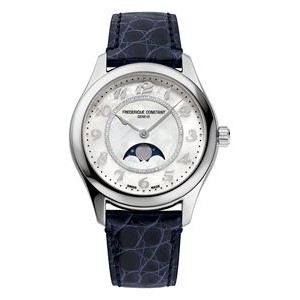 Frederique Constant® Ladies' Automatic Moonphase Leather Strap Watch w/White MOP Dial