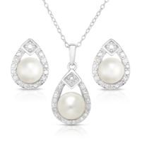 Jilco Inc. Sterling Silver Pearl & Diamond Earring & Necklace Set