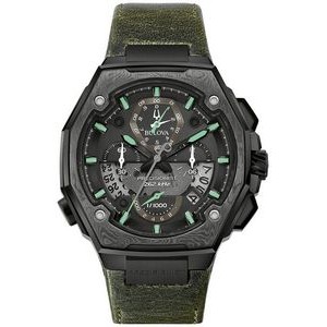 Bulova® Men's Precisionist Gray Damascus Steel Watch w/Green Leather Strap
