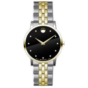 Movado Museum Classic Gents Stainless Steel Yellow Gold PVD Watch & Bracelet w/Black Dial w/Diamonds