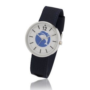 1.55 Inches Round Screen Watch with Polished Chrome Case, Navy Blue Nylon & Leather Straps