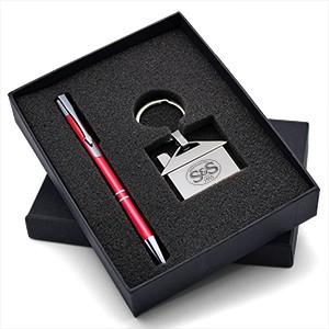 Lovely Gift Set with Polished House Shaped Keychain & Aluminum Pen makes a perfect gift
