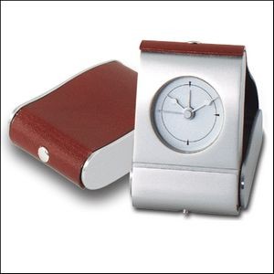 Compact Leather & Brass Alarm Clock w/ Rotary Engrave (2"x3"x3 1/2" )