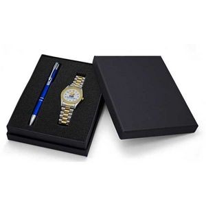 Designer 2-Tone Bracelet Watch Set with Polished Aluminum Pen