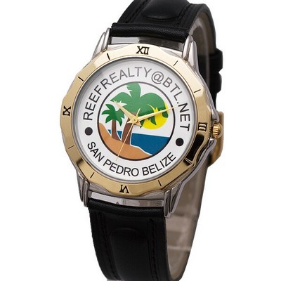 Elegant Design Watch with polish 2 tone watch case, black straps, quartz movement.