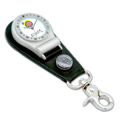 Unisex Clip-On Watch with matt finish chrome case, black leather badge with mini compass