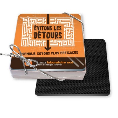 Gift Boxed Set of 4 Premium Square Coasters .010 Frosted Plastic Top & 3/32" Rubber base Full Colour