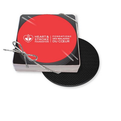 Gift Boxed Set of 4 Premium Round Coasters .010 Frosted Plastic Top & 3/32" Rubber base Full Colour