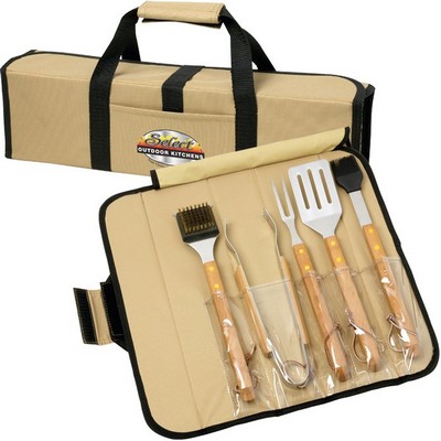 5 Piece BBQ Bamboo Set in Roll-Up Case