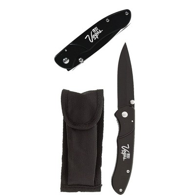 Pocket knife with Belt Clip, Overall Length: 6-1/2", Blade 2-3/4", Black, Aluminum Body, With Pouch