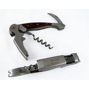 Deluxe Bartender Wood Handle Corkscrew & Bottle Opener w/ Serrated Knife