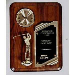 Golf Motif Walnut Plaque w/Clock (10 ½" x 13")