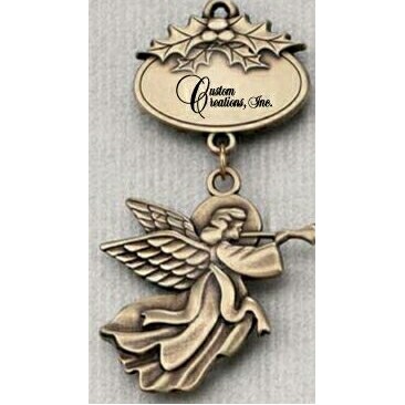 Cast Brass Finish Angel Holiday Ornament with Imprintable Plate