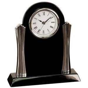 Black Piano Finish Mantle Clock w/ silver Metal Columns (8.25"x 7.5")