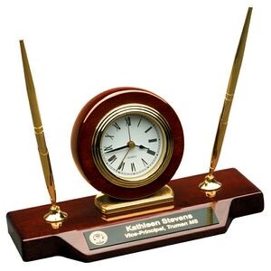Rosewood Piano Finish Clock on Base with Two Pens (4.75" x 9")