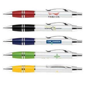 Click Action Aluminum Ballpoint Pen w/ Pearl White Barrel & Colored Grip