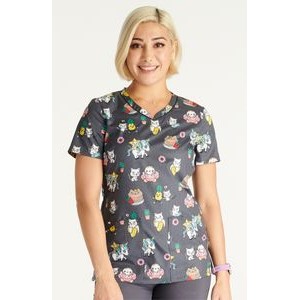 Cherokee® Women's Rounded V-Neck Print Scrub Top- Two Angled Patch Pockets