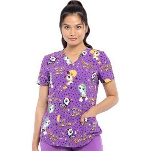 Cherokee® Women's Banded V-Neck Print Scrub Top- Two Front Patch Pockets