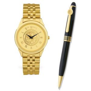 Men's Gold ION Plated Watch & Pen Set w/Presentation Box