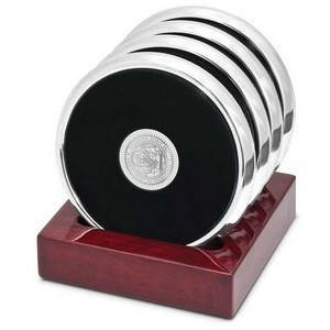Leather and Silver Tone 4 Coasters Set w/ Rosewood Finish Stand