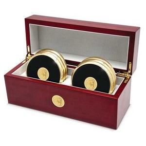 Leather and Gold Tone 6 Coaster Set w/Rosewood Finish Presentational Box