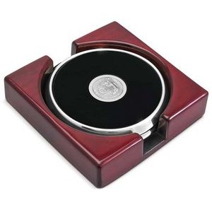 Leather and Silver Tone 2 Coaster Set w/Rosewood Finish Holder