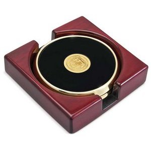 Leather and Brass 2 Coaster Set w/Rosewood Finish Holder