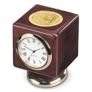 Rosewood Finish Wood Cube Desk Clock - Gold
